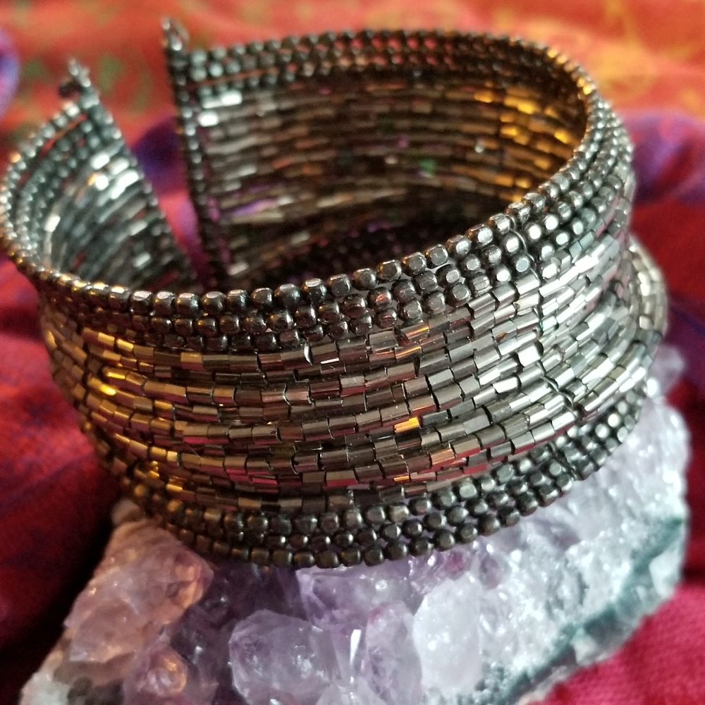 Green beaded boho cuff bracelet silver tone